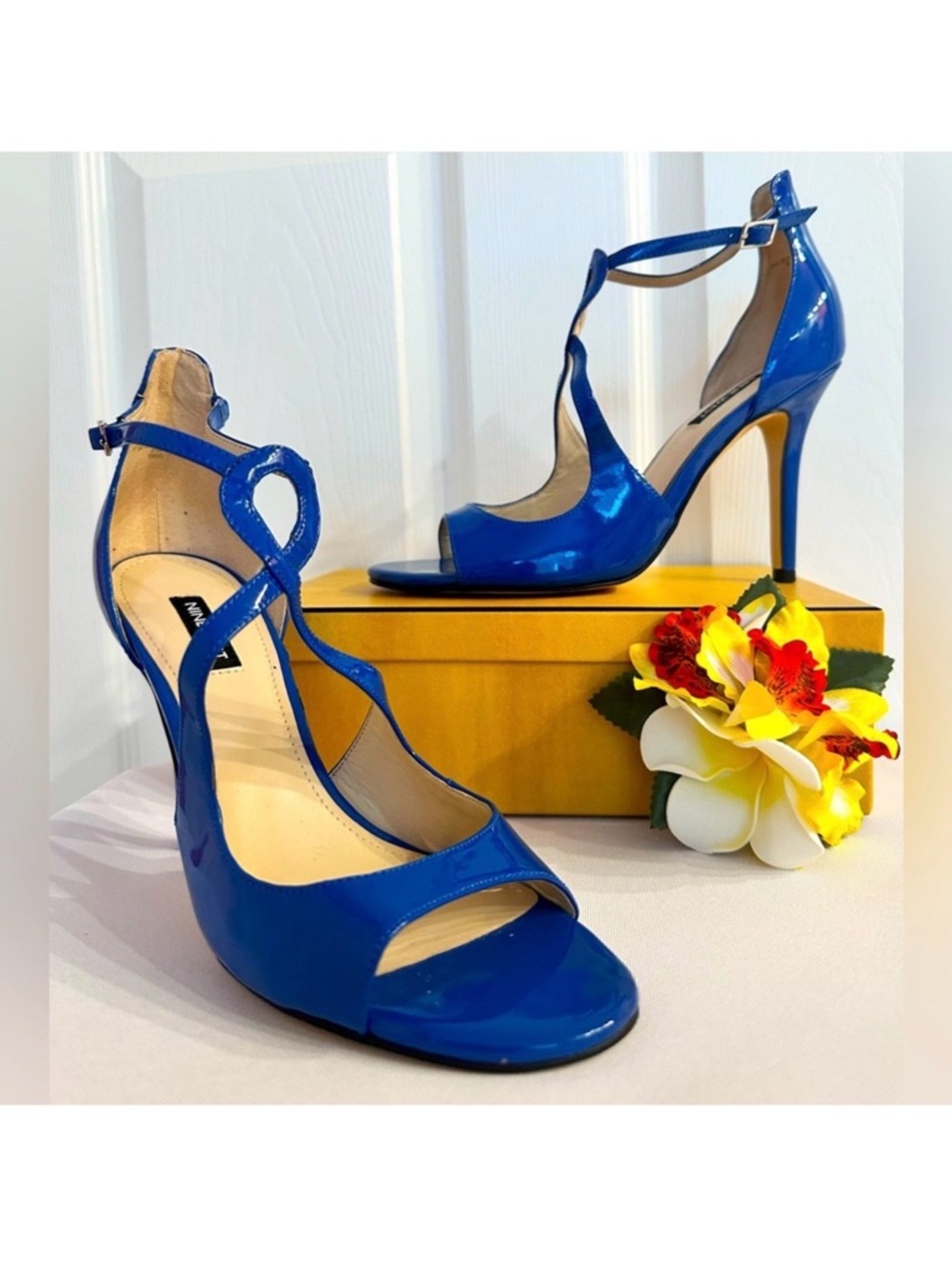 NINE WEST ~ Blue Patent 4” Stiletto Heels with Ankle Strap size 9.5